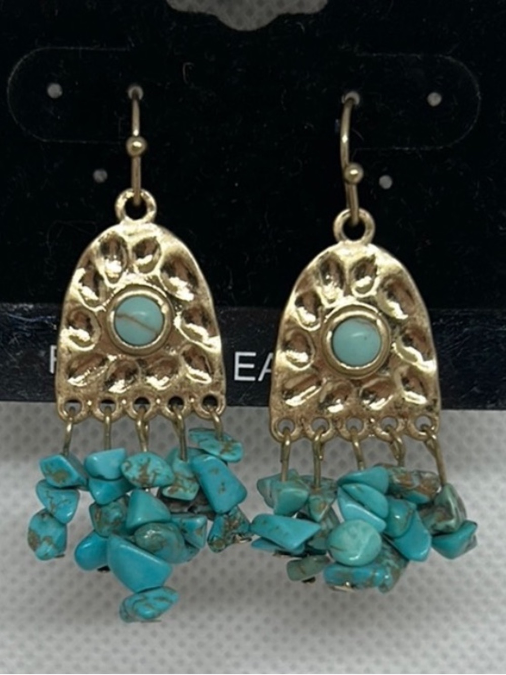 Southwestern Turquoise Chip Dangle Earrings Gold Tone Boho Western Style